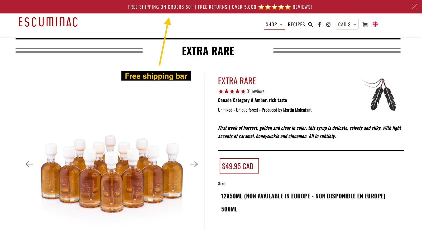 Canadian maple syrup Shopify store Escuminac offering free shipping