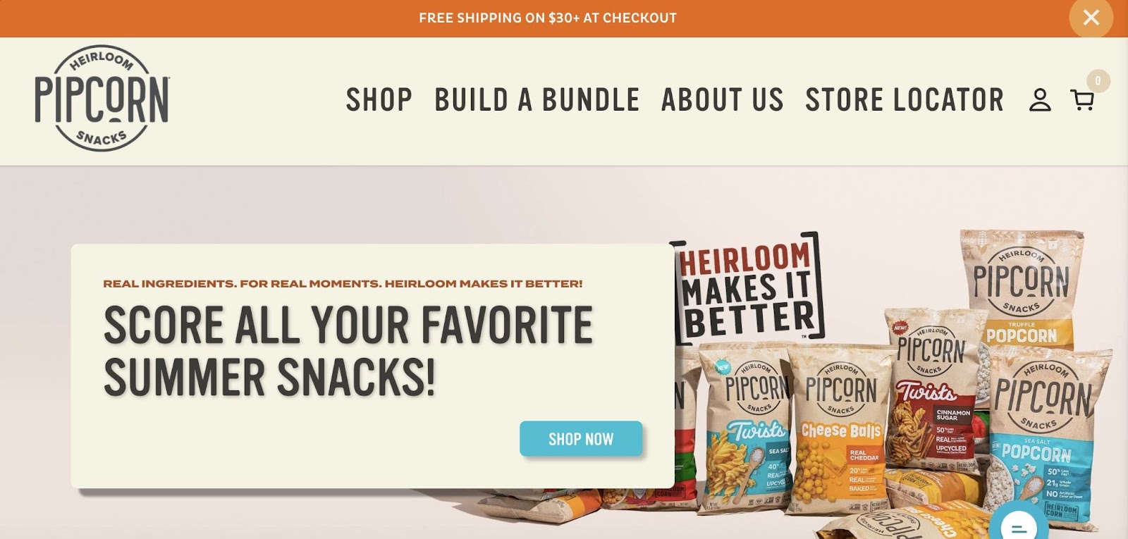 sustainable snacks site with a free shipping sticky header