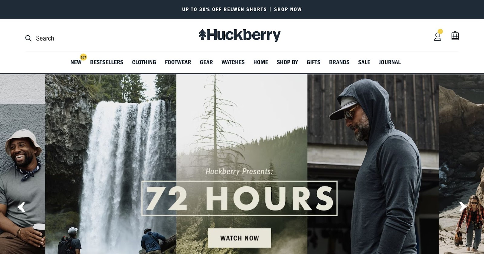 outdoor gear website with a sticky header example on top of the page