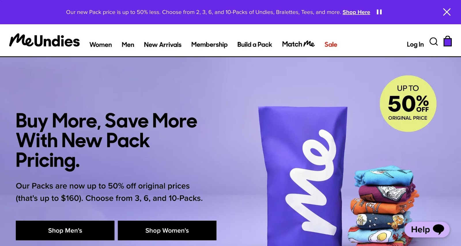 underwear website with a sticky header example on top of the page