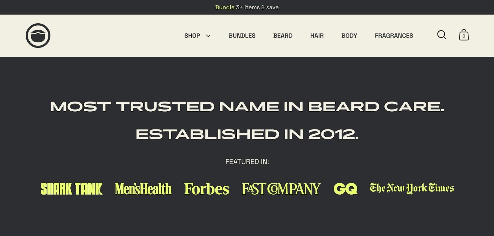 beard producs website with a sticky header example on top of the page
