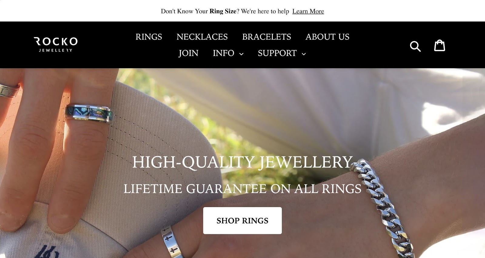 jewelry website with a sticky header example on top of the page