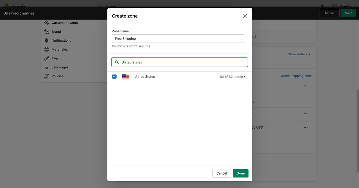 create a Shopify shipping zone