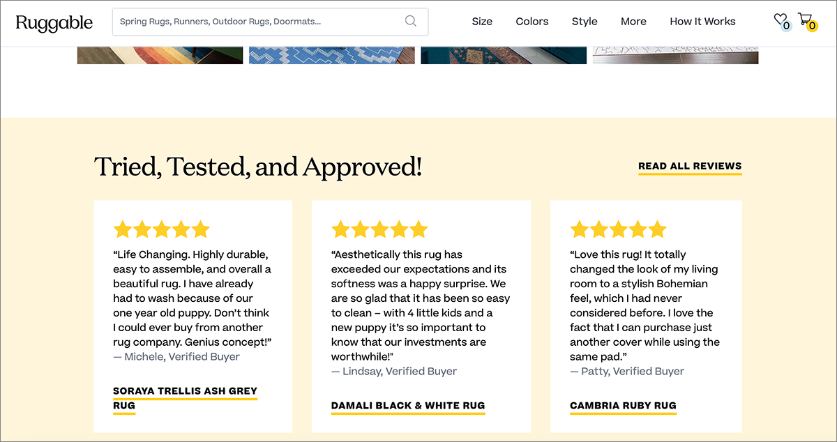 Customer reviews on landing page