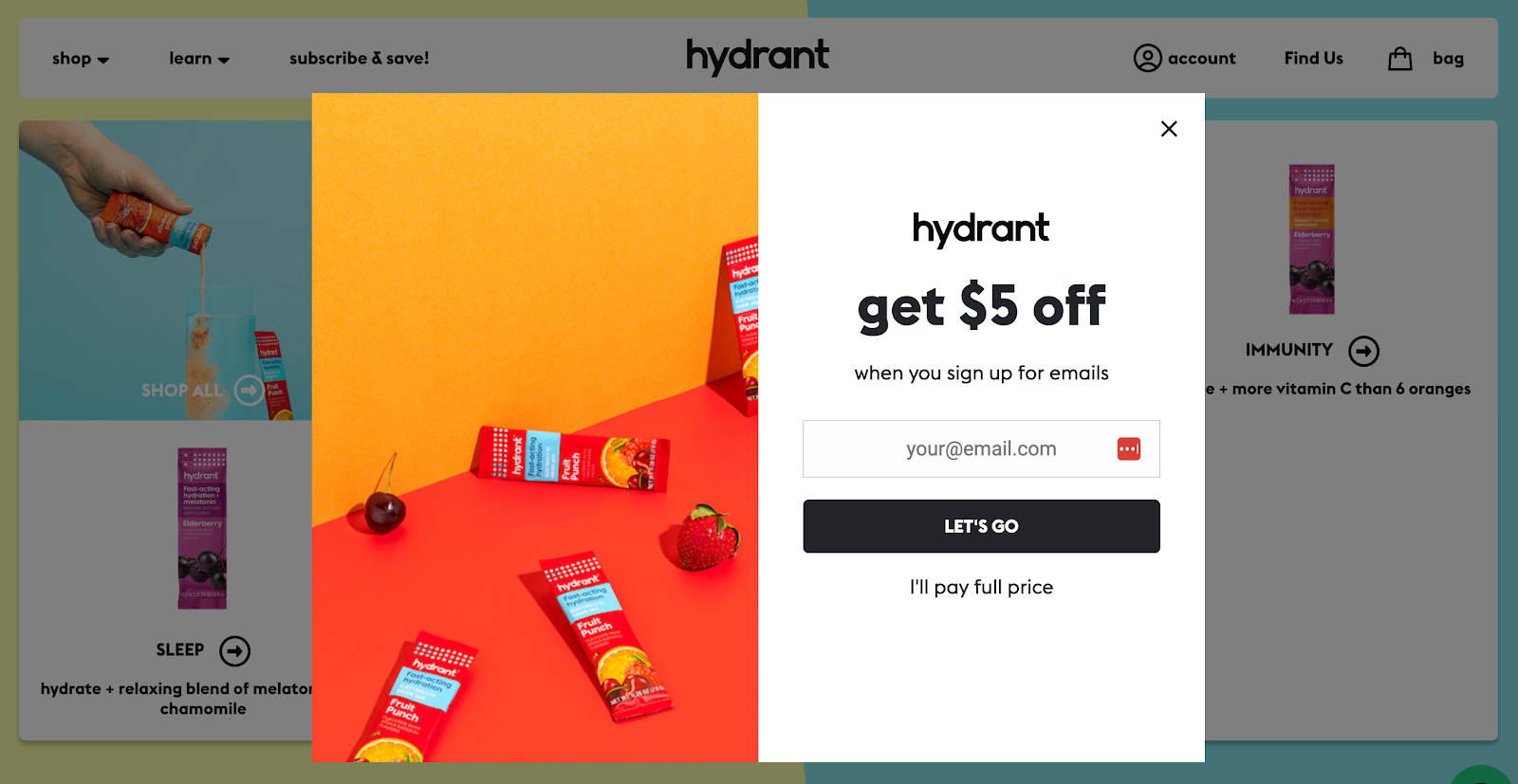 hydrant discount popup as one of the ecommerce cta examples