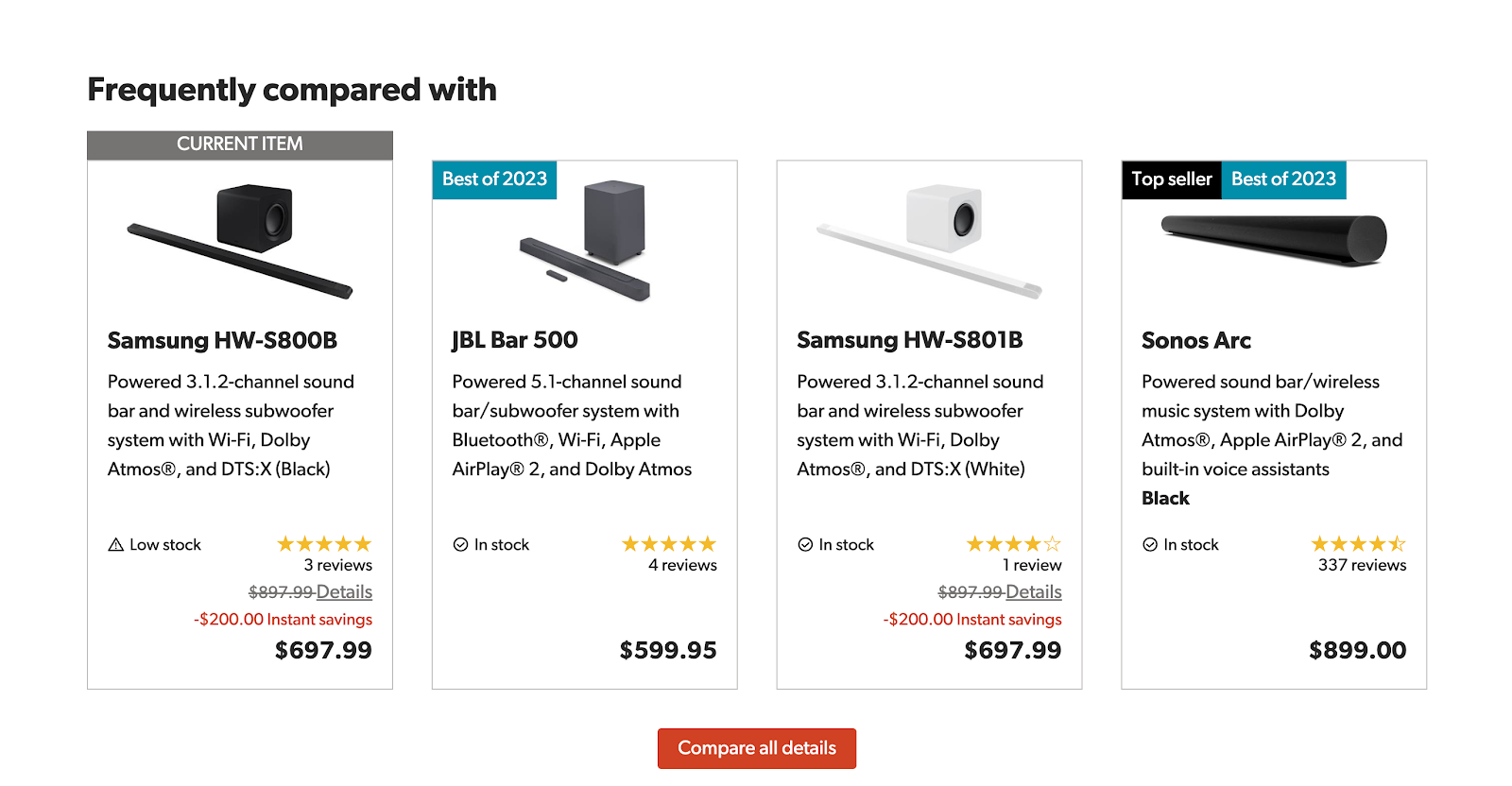 crutchfield compare products as one of the call to action examples