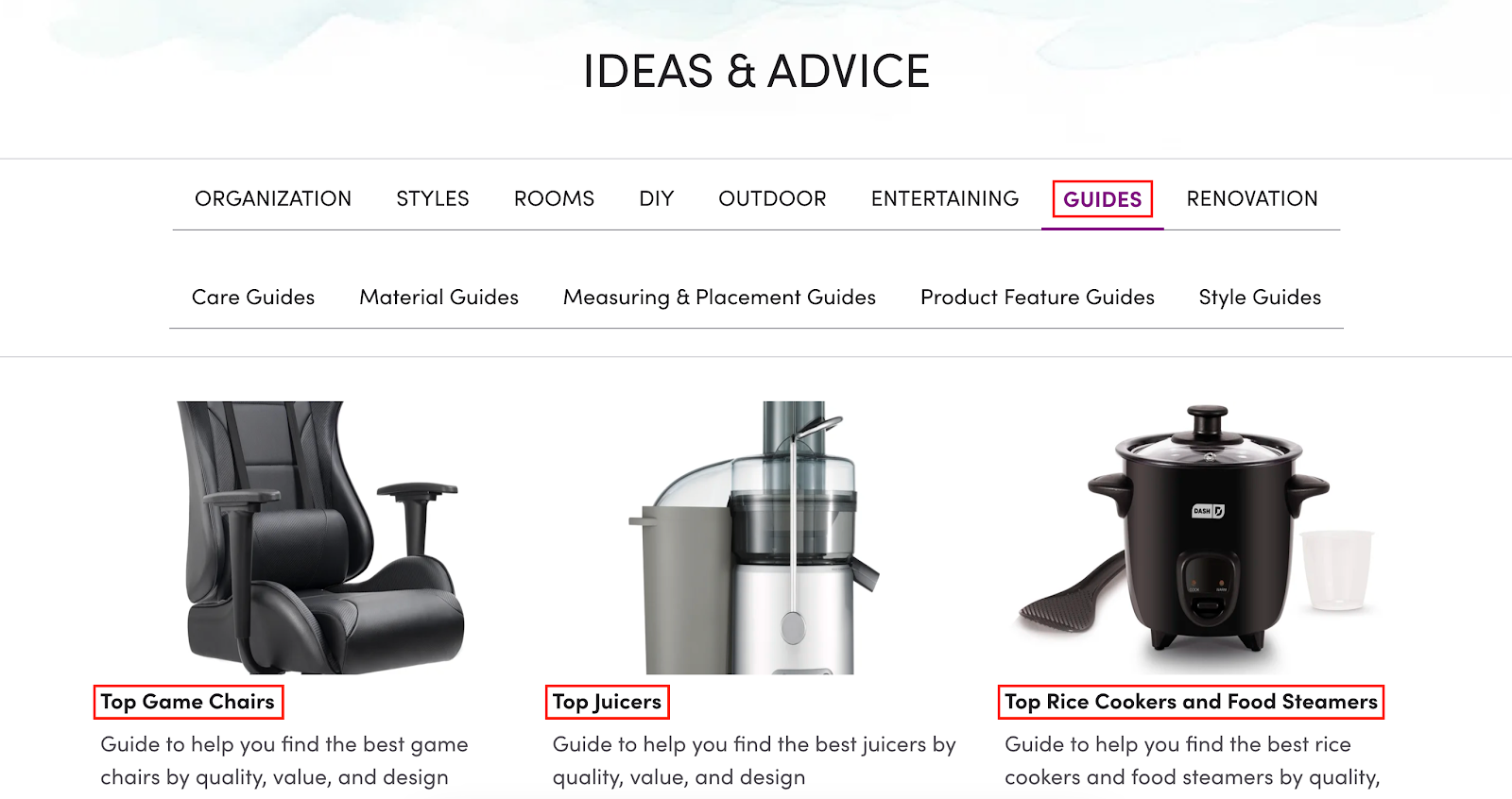 wayfair buyer guide section as one of the call to action examples