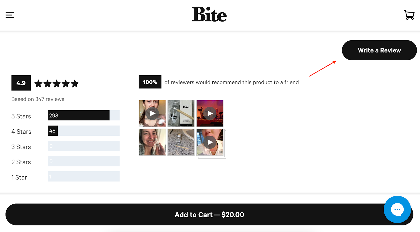 bite write a review cta button as one of the cta examples