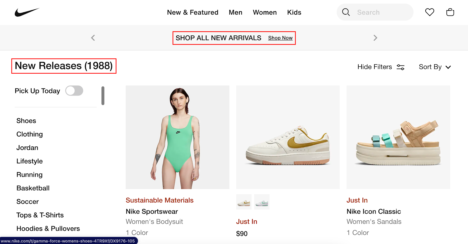 nike new arrivals ecommmerce call to action example