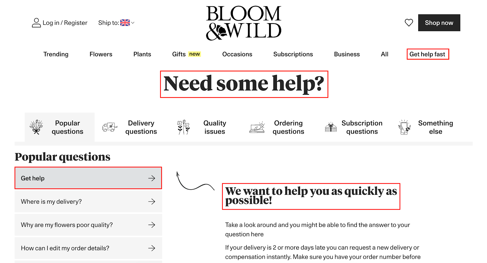 bloom and wild shop customer support as one of the call to action examples