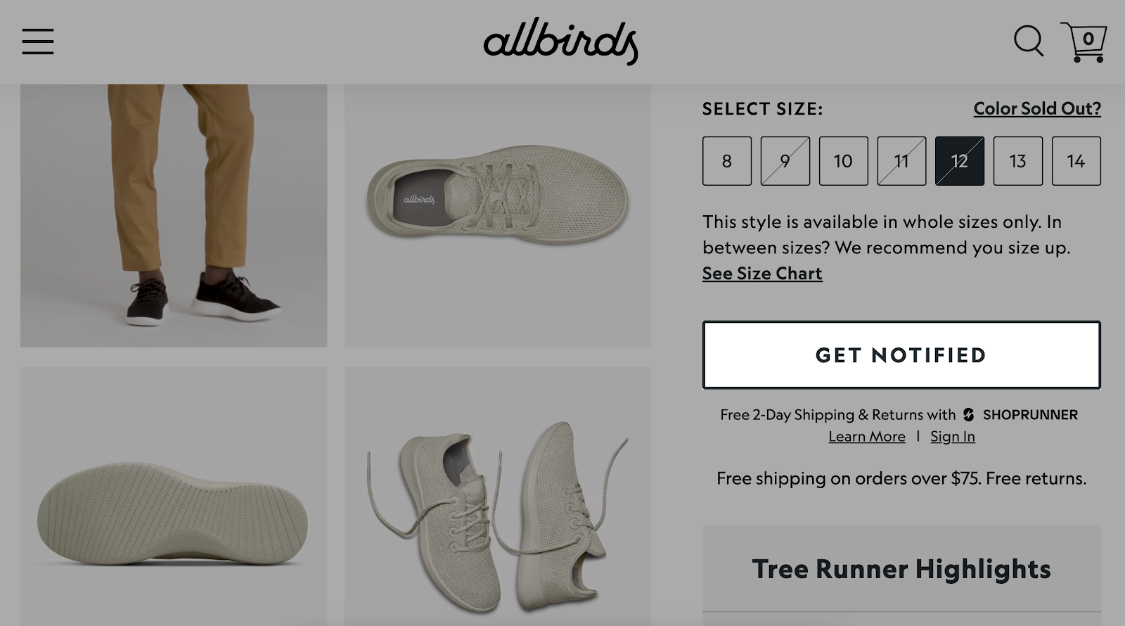 all birds notify when in stock second cta in product page as one of the ecom call to action examples