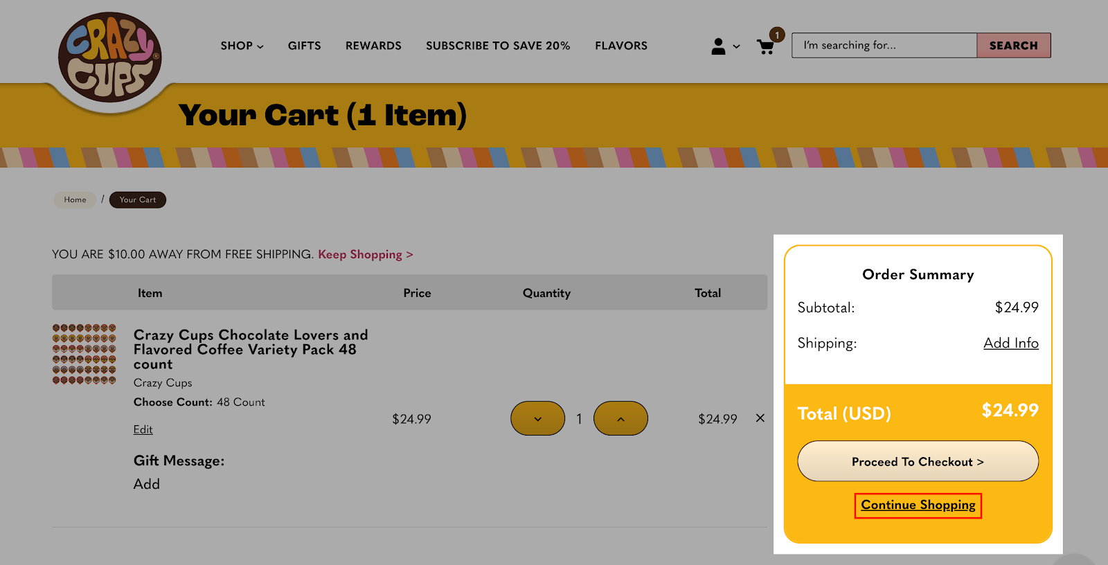 crazy cups continue shopping call to action example on checkout section