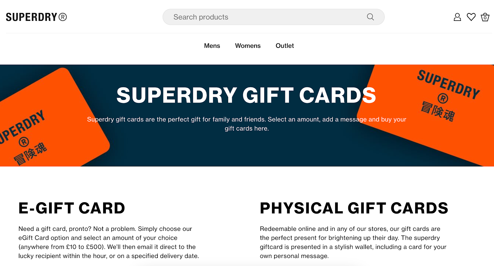 superdry gift card call to action example for ecommerce
